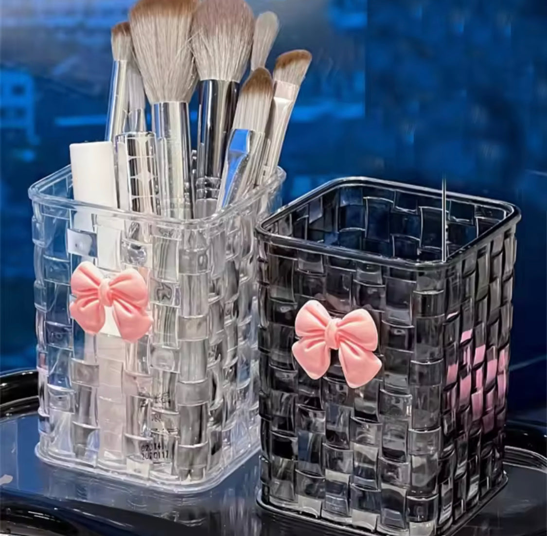 Acrylic Makeup Brush Storage Box, Rattan Weave Desk Cosmetic Organizer, Desktop Eyebrow Pencil Storage Bucket, Jewelry Cosmetic Organizer, Dressing Table Makeup Brush Organizer Acrylic Makeup Brush Storage Box, Rattan Weave Desk Cosmetic Organizer, Desktop Eyebrow Pencil Storage Bucket, Jewelry Cosmetic Organizer, Dressing Table Makeup Brush Organizer